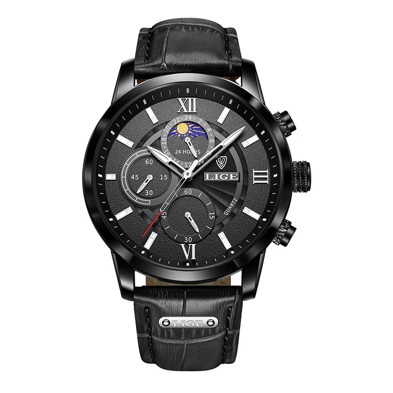 LIGE Watches Mens Luxury Waterproof Quartz Chronograph+Box Black