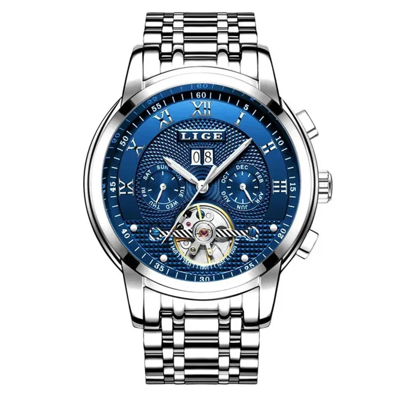 LIGE Mens Watch Luxury Business Automatic Mechanical Watch Waterproof +Box Silver blue steel