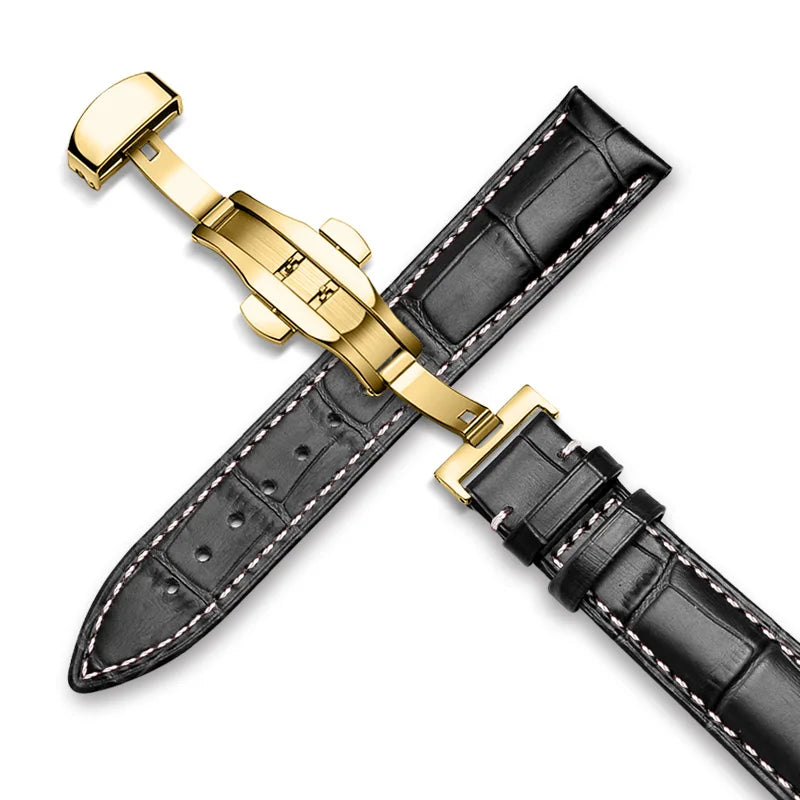 22mm Watch Band Calf Genuine Leather Alligator Grain 18mm 20mm Watch Strap+Box bracelet wristband for Tissot Seiko galaxy 46mm Gold-Black-A