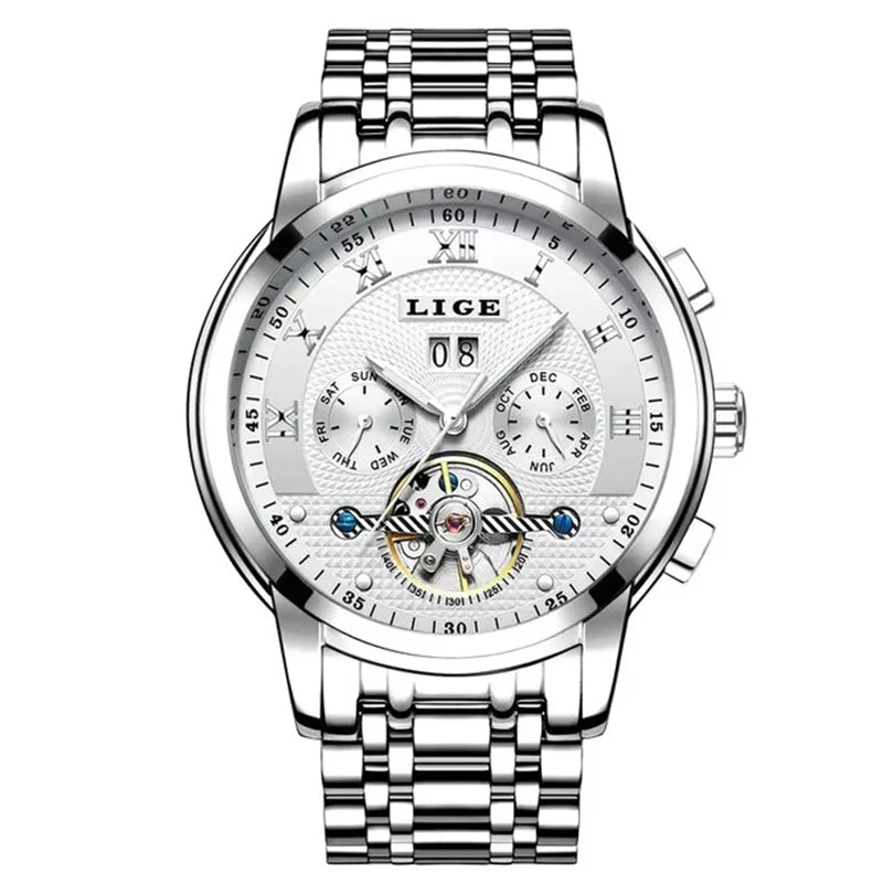 LIGE Mens Watch Luxury Business Automatic Mechanical Watch Waterproof +Box Silver white steel