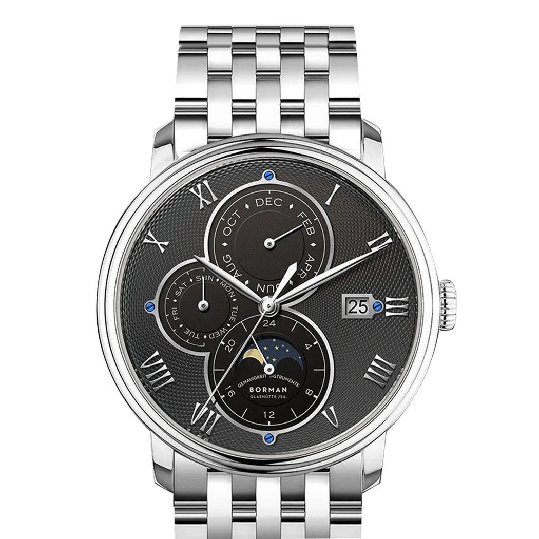 Borman Automatic Watch Self Wind Mechanical Wristwatch Fashion 50M Waterproof Sapphire Black and silver steel
