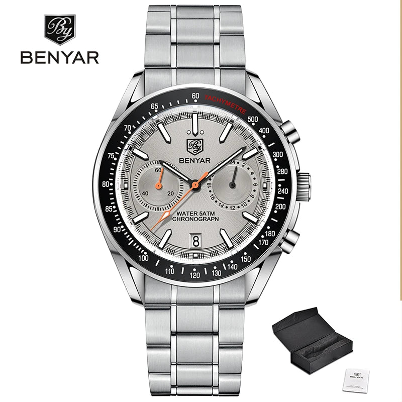 BENYAR Mens Watch Luxury Quartz Chronograph Automatic Silver Gray CHINA