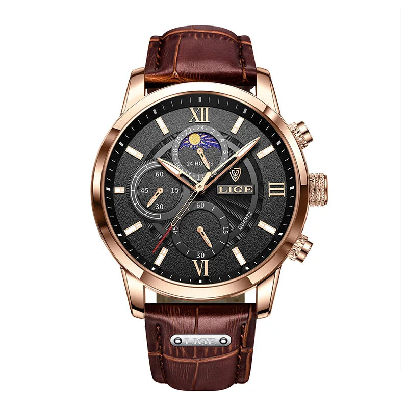 LIGE Watches Mens Luxury Waterproof Quartz Chronograph+Box Gold black