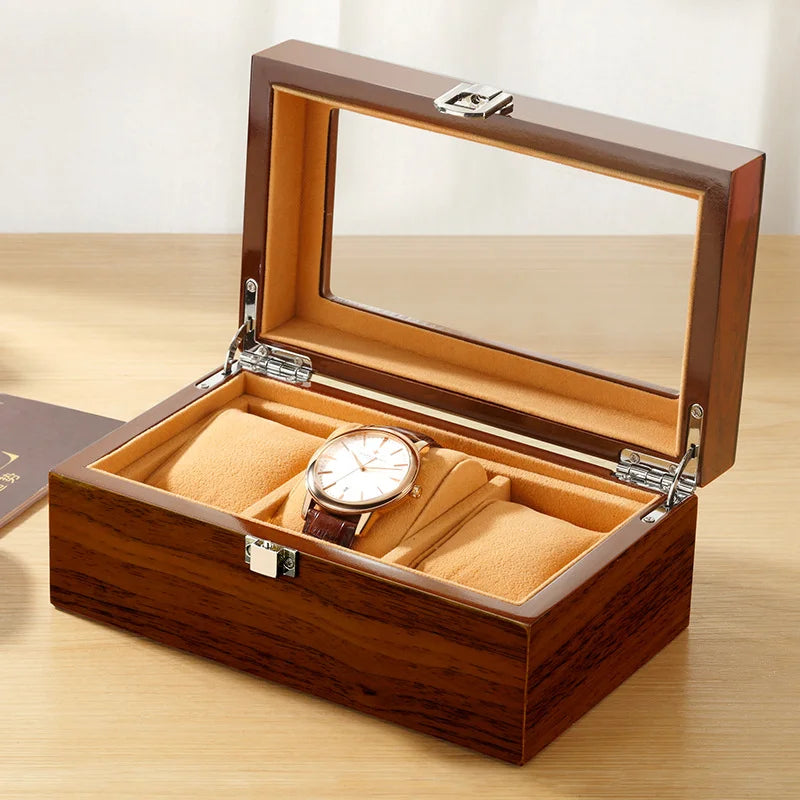 Luxury Wood Grain Watch Box 3 Slots Quartz