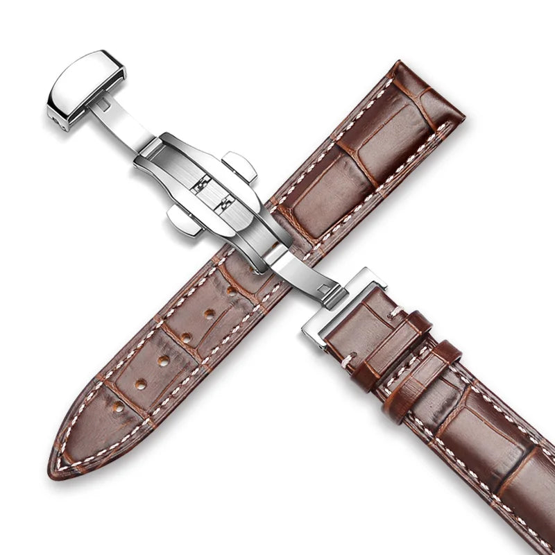 22mm Watch Band Calf Genuine Leather Alligator Grain 18mm 20mm Watch Strap+Box bracelet wristband for Tissot Seiko galaxy 46mm Silver-Brown-A