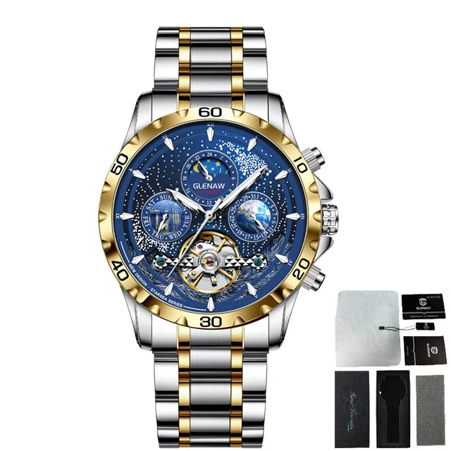 GLENAW Design Mens Watche Waterproof Mechanical Watch gold blue