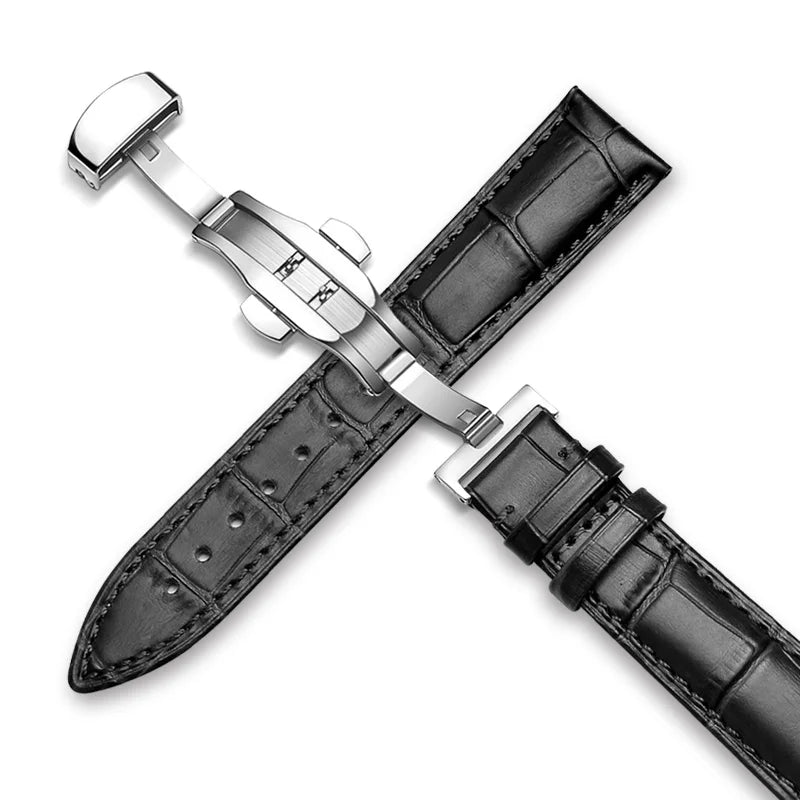 22mm Watch Band Calf Genuine Leather Alligator Grain 18mm 20mm Watch Strap+Box bracelet wristband for Tissot Seiko galaxy 46mm Silver-Black