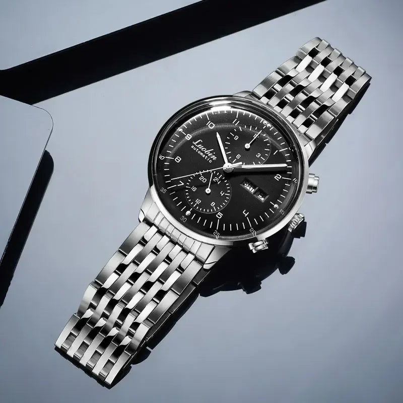 Mens Fashion Mechanical Watch Automatic Wristwatch Stainless Steel Black on steel