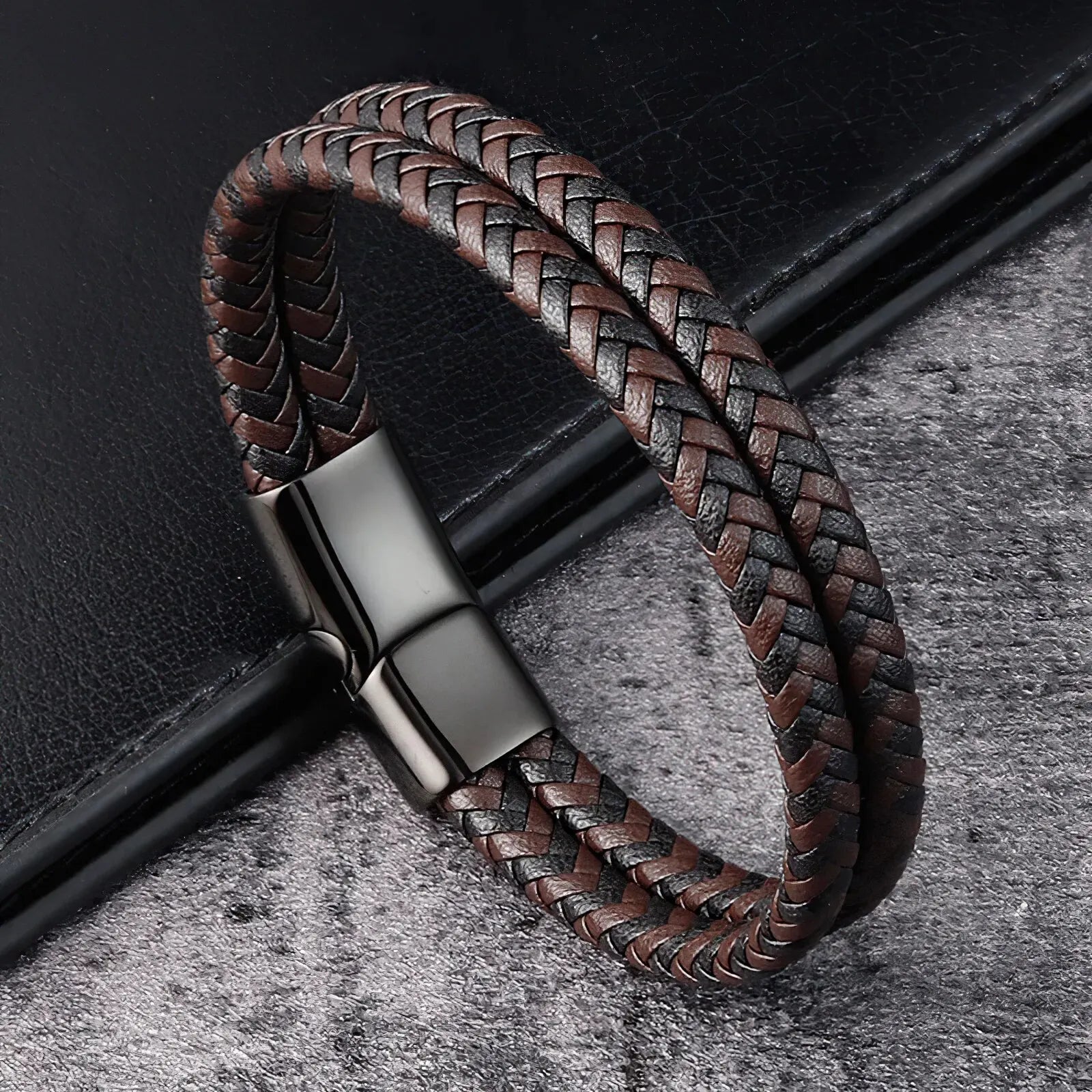 Men Black Blue Braided Genuine Leather Bracelet Double Band Bangle Brown