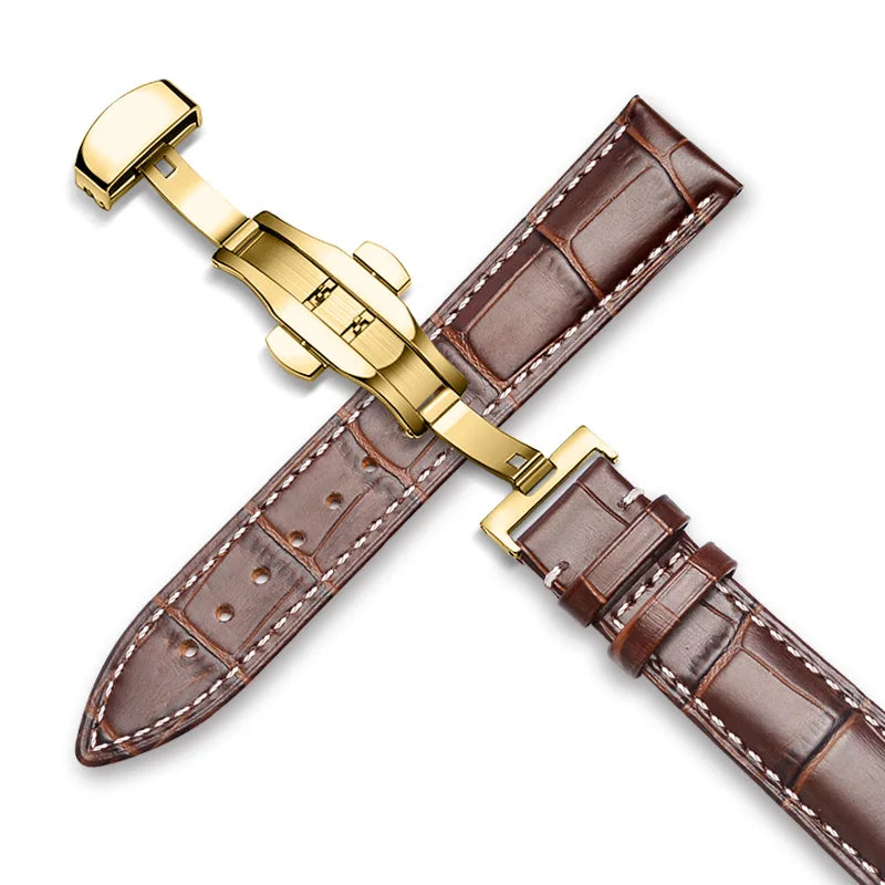 22mm Watch Band Calf Genuine Leather Alligator Grain 18mm 20mm Watch Strap+Box bracelet wristband for Tissot Seiko galaxy 46mm Gold-Brown-A