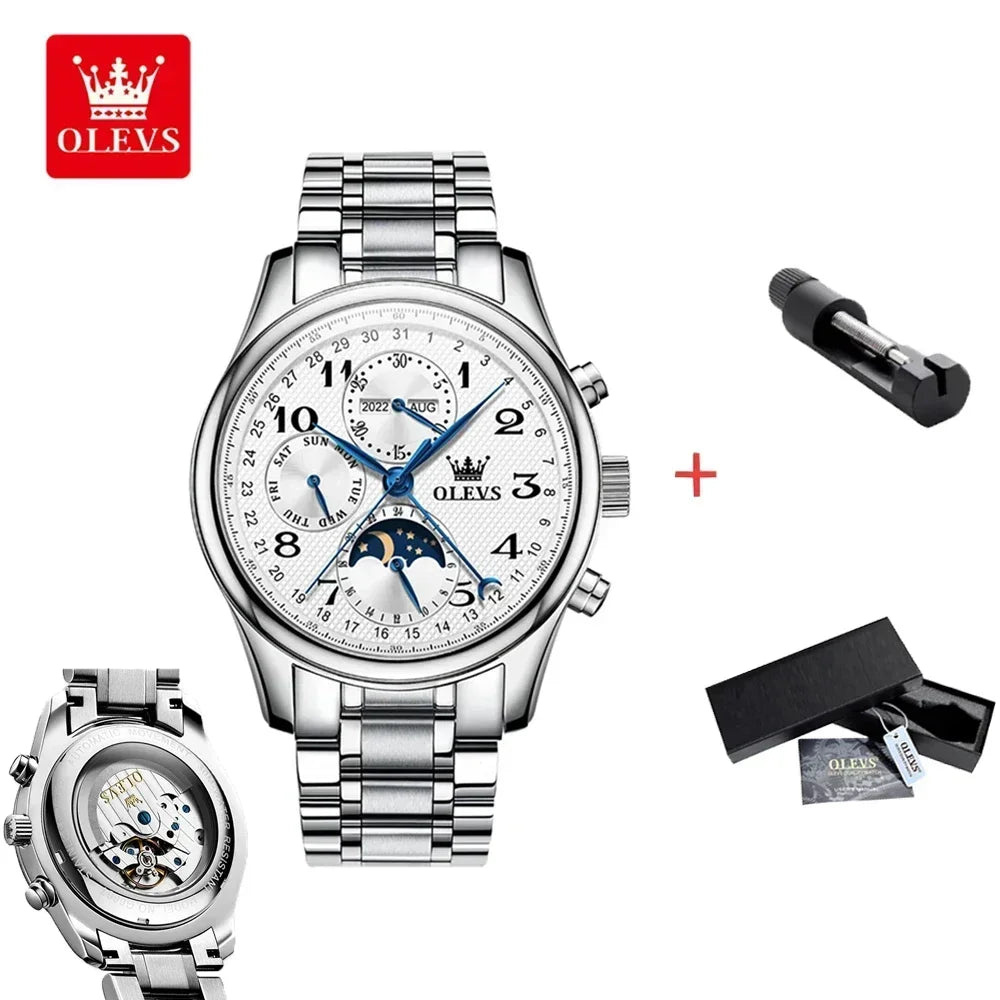 OLEVS Automatic Movement Watch Stainless Steel Multiple Calendar Moon Phase Steel Silver White