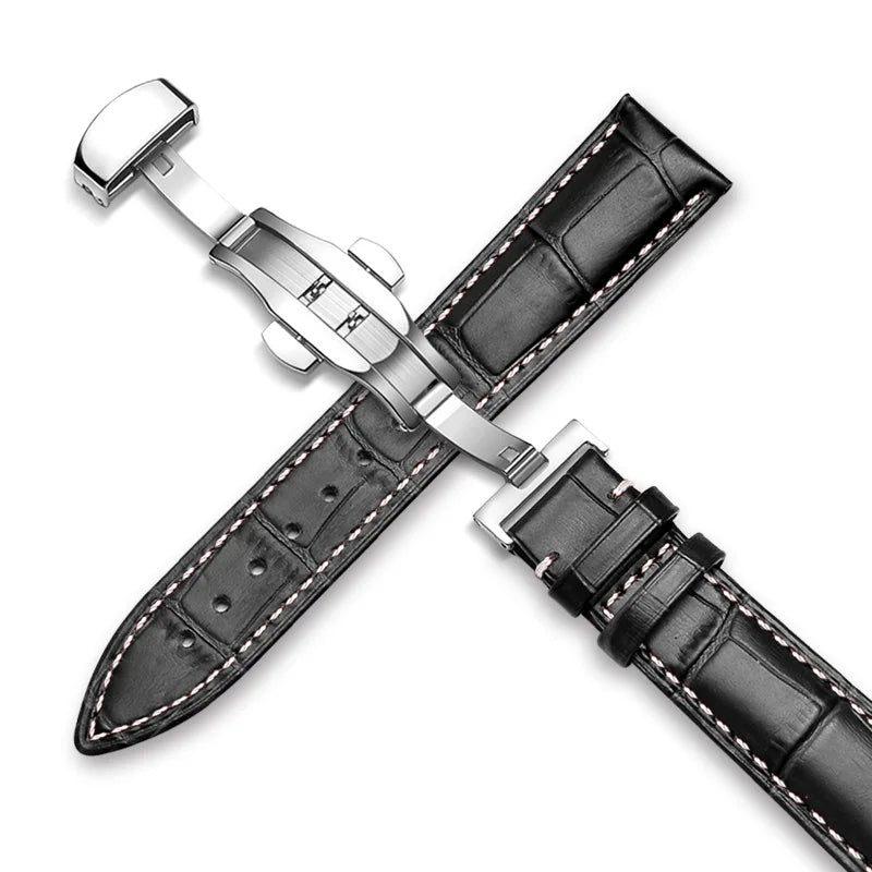 22mm Watch Band Calf Genuine Leather Alligator Grain 18mm 20mm Watch Strap+Box bracelet wristband for Tissot Seiko galaxy 46mm Silver-Black-A