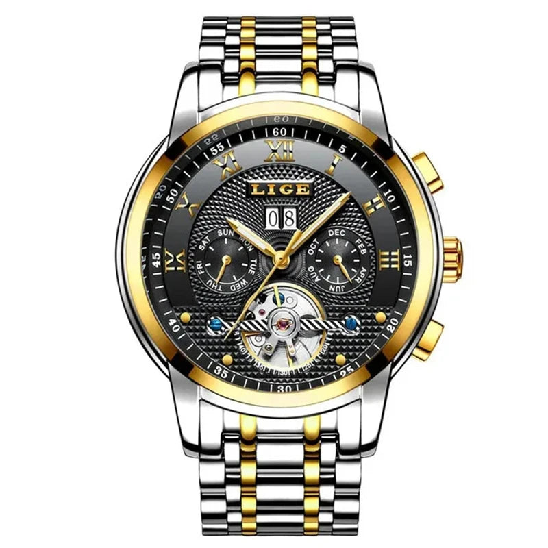 LIGE Mens Watch Luxury Business Automatic Mechanical Watch Waterproof +Box Gold black steel