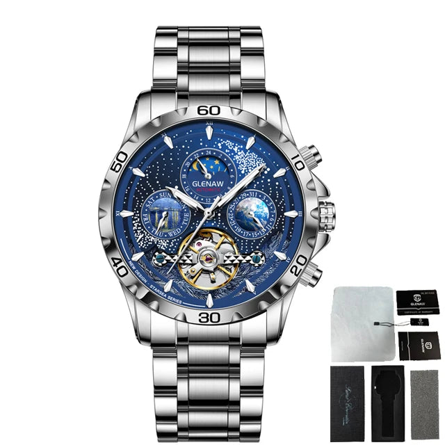 GLENAW Design Mens Watche Waterproof Mechanical Watch blue