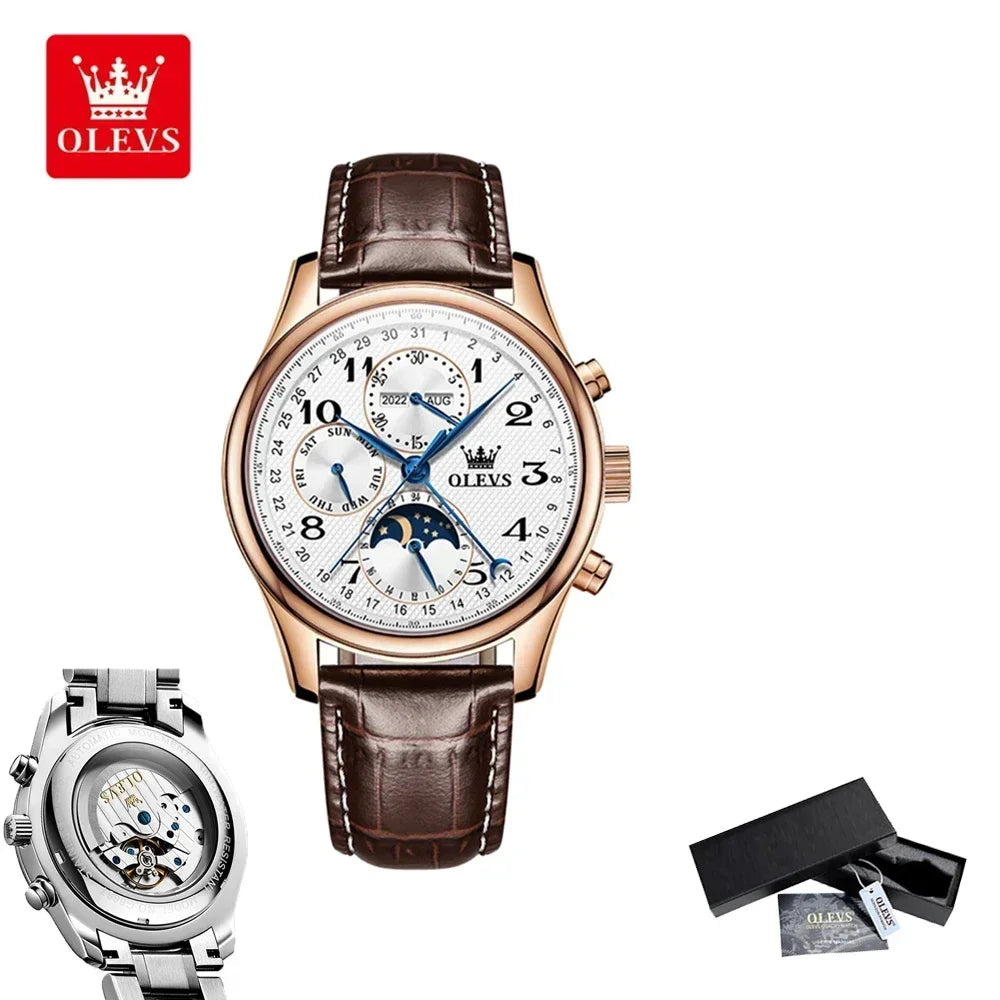 OLEVS Automatic Movement Watch Stainless Steel Multiple Calendar Moon Phase Leather Rose White