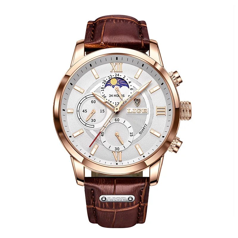 LIGE Watches Mens Luxury Waterproof Quartz Chronograph+Box Gold white