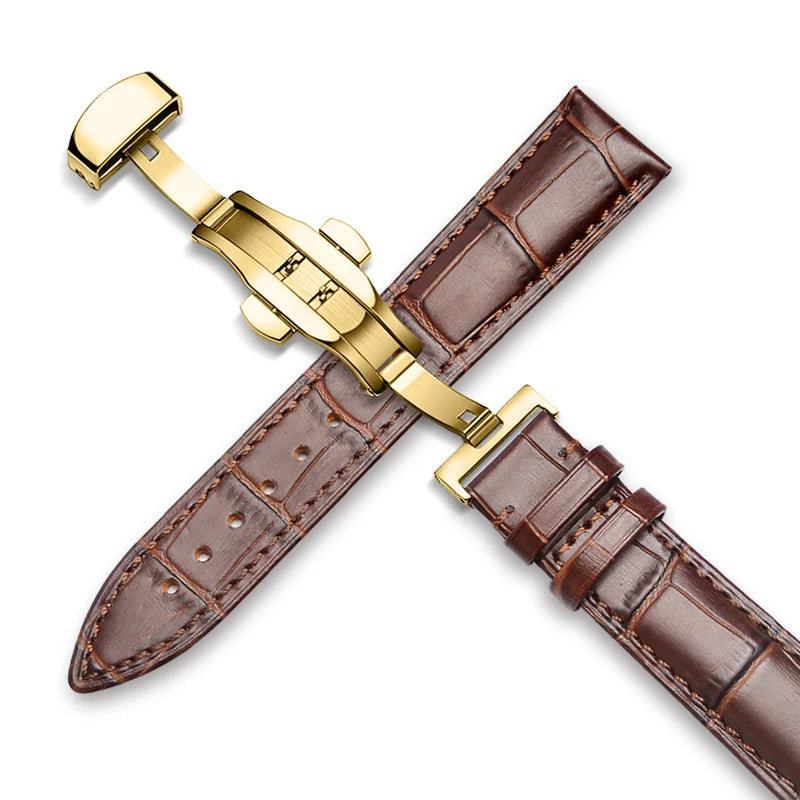 22mm Watch Band Calf Genuine Leather Alligator Grain 18mm 20mm Watch Strap+Box bracelet wristband for Tissot Seiko galaxy 46mm Gold-Brown