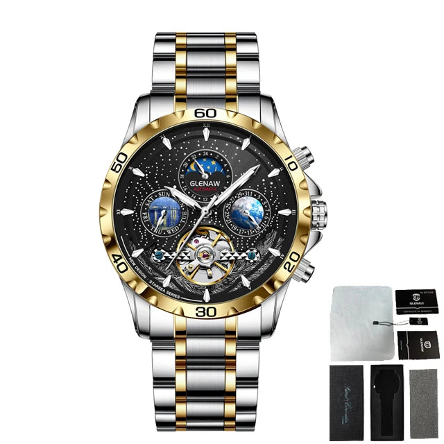GLENAW Design Mens Watche Waterproof Mechanical Watch gold black