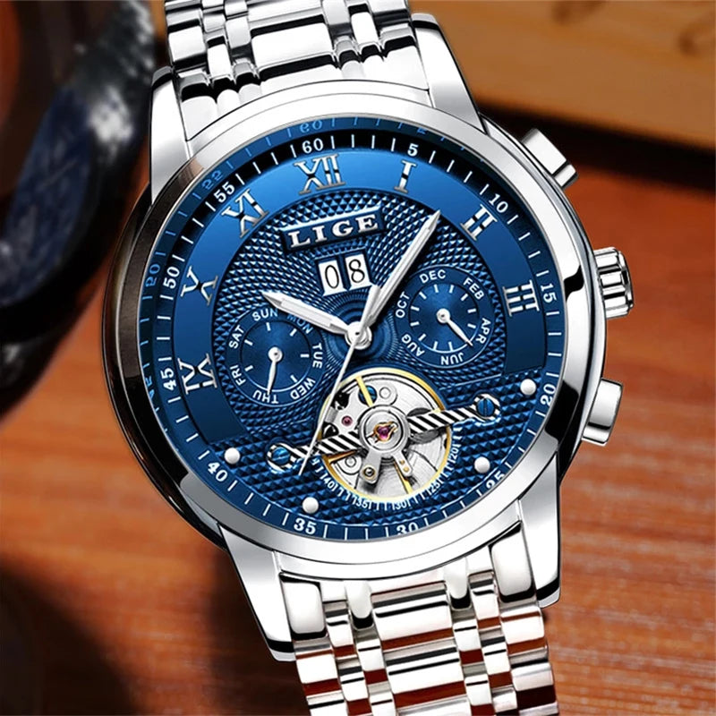 LIGE Mens Watch Luxury Business Automatic Mechanical Watch Waterproof +Box