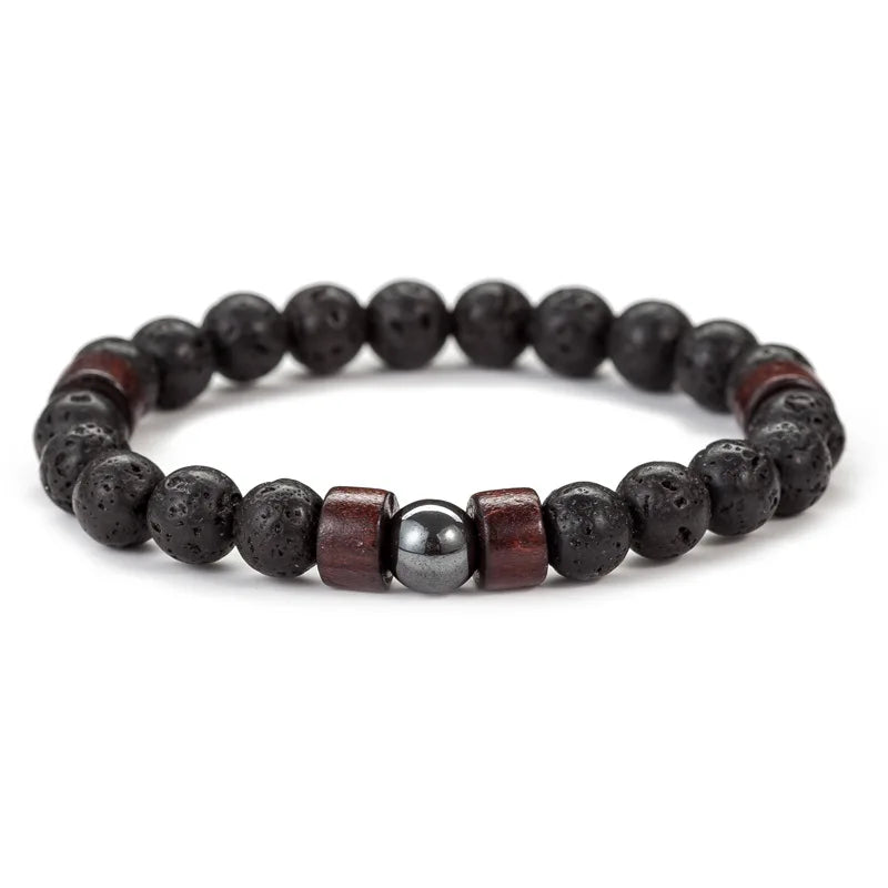 8mm Volcanic Stone Bracelet for Men Lava Wooden Beads Bracelet Tibetan Buddha style1 19cm