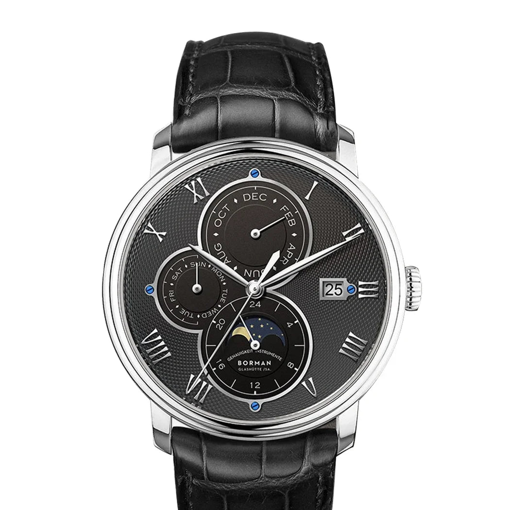 Borman Automatic Watch Self Wind Mechanical Wristwatch Fashion 50M Waterproof Sapphire Black and black leather