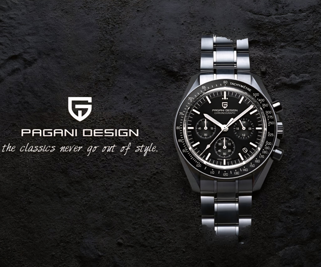 Silver Pagani Design watch on a dark textured background