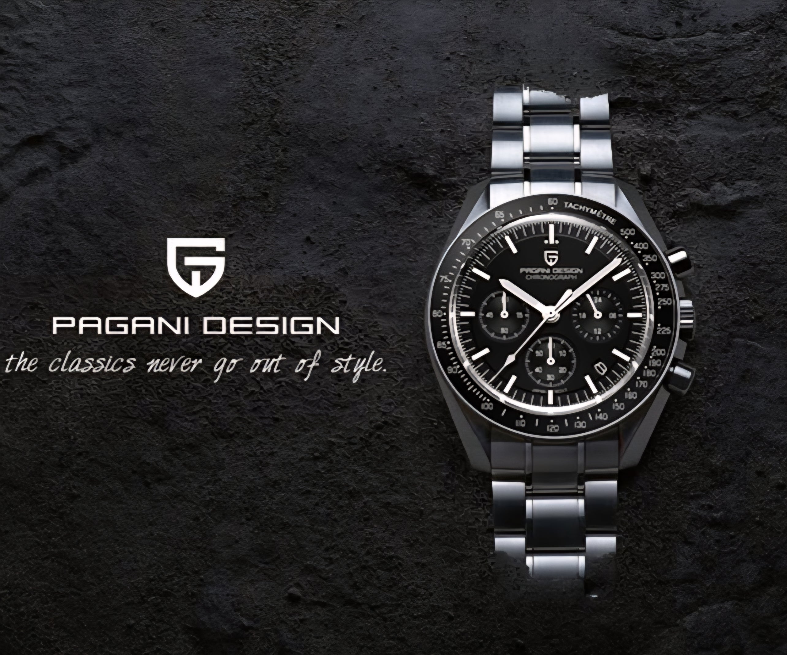 Silver Pagani Design watch on a dark textured background