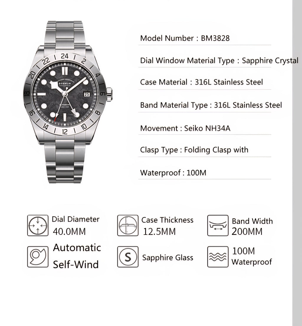 BORMAN GMT Mountain Dial Automatic Watch - Seiko NH34A Movement with Sapphire Crystal