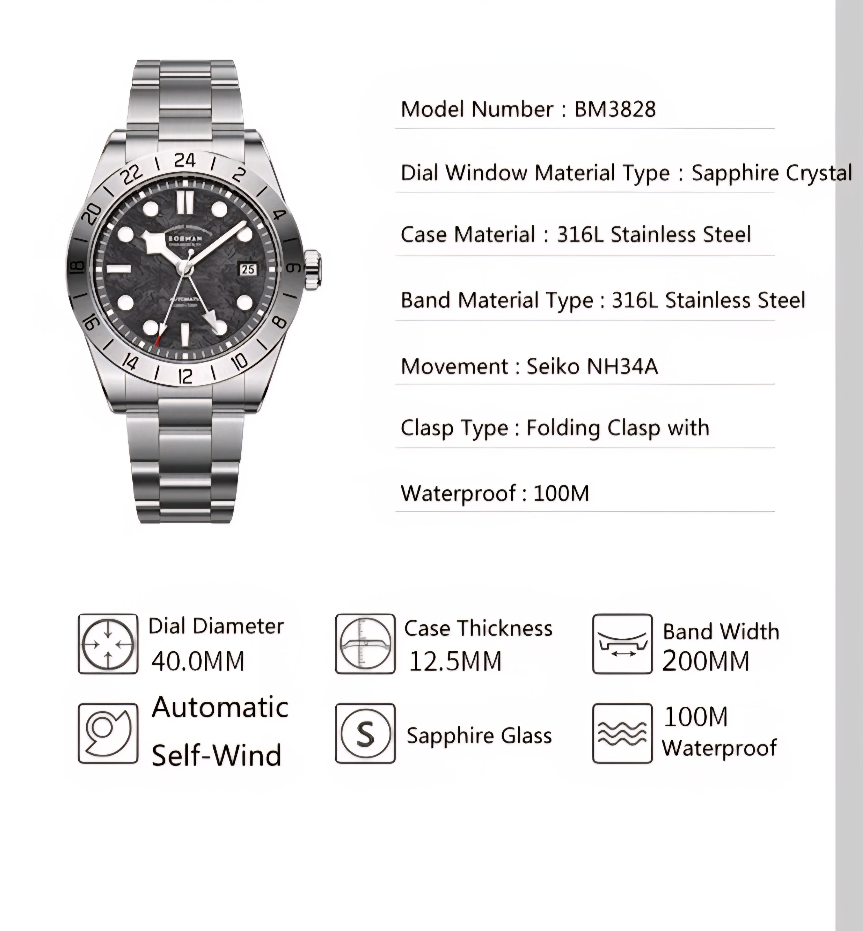 BORMAN GMT Mountain Dial Automatic Watch - Seiko NH34A Movement with Sapphire Crystal