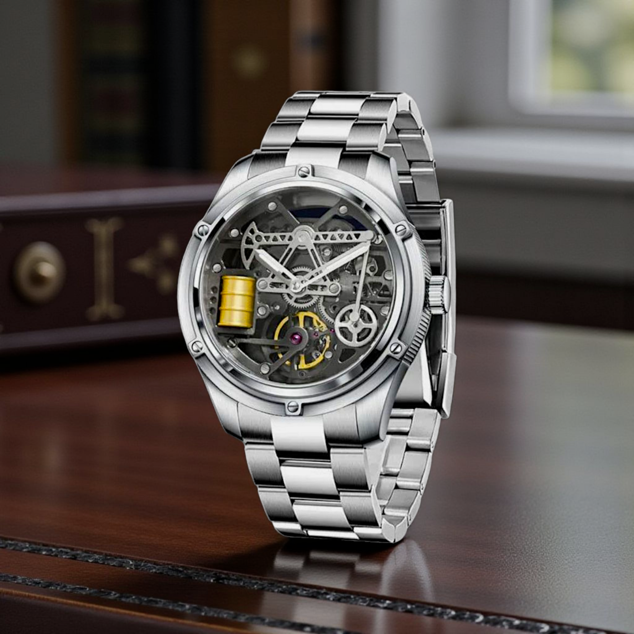 Silver mechanical watch with a detailed face on a wooden surface