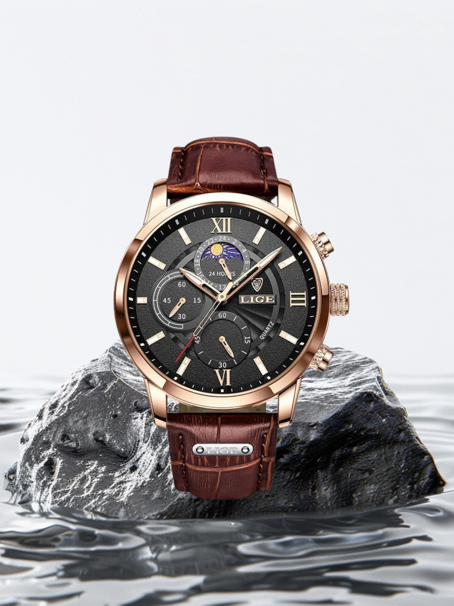 LIGE 43mm Mens Luxury Waterproof Quartz Chronograph+Box