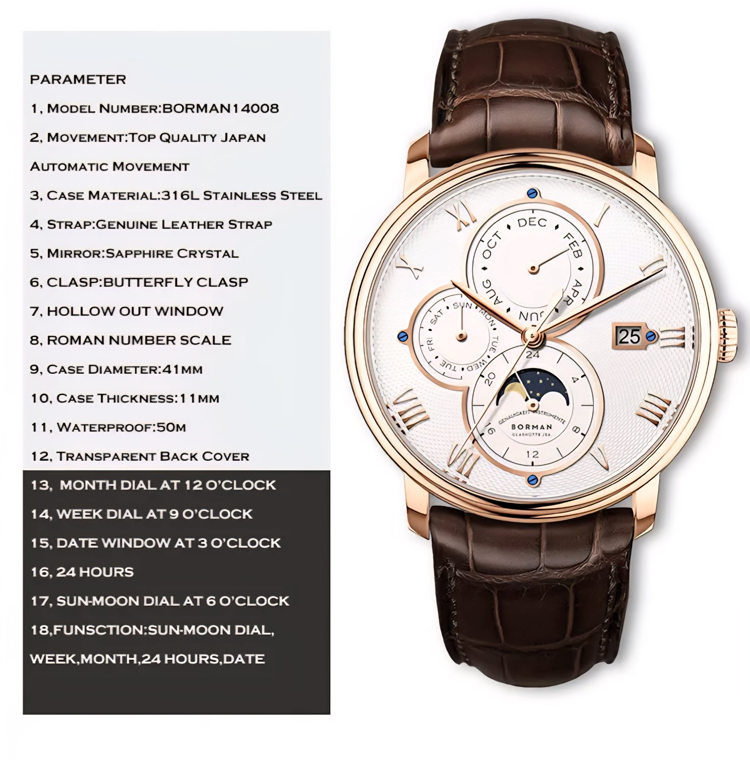 Borman Automatic 41mm Watch Self Wind Mechanical Wristwatch Fashion 50M Waterproof Sapphire