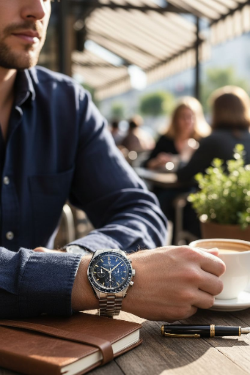 Man holding a cup of coffee with a watch on his wrist, sitting outdoors.
