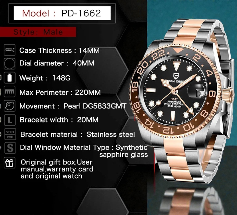 PAGANI DESIGN 40mm PD-1662 V5 GMT Automatic Watch - Luxury Ceramic Bezel